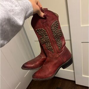 Frye Red Studded Leather Heeled Cowboy Boots